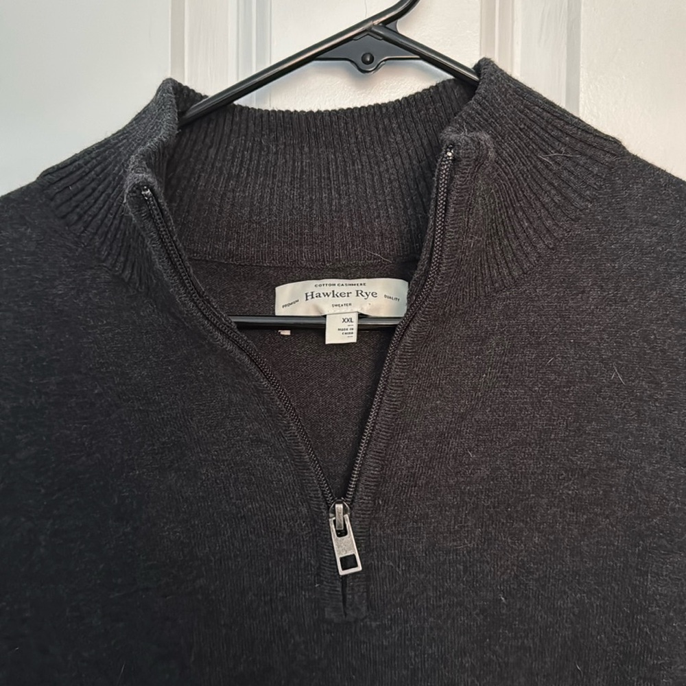 Very very dark gray quarter zip men’s sweater